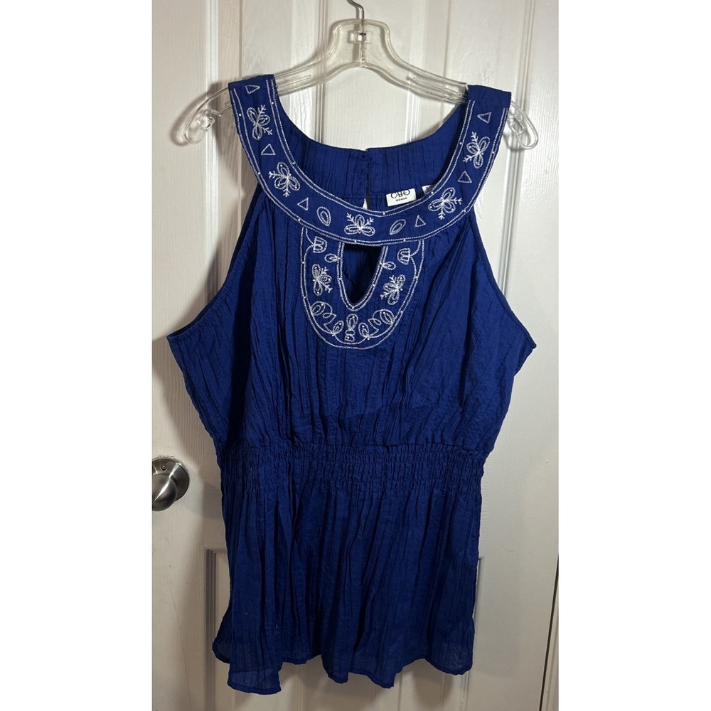 Cato Women's Plus Size 26-28W Sleeveless Top Blue Embroidered Wide Straps